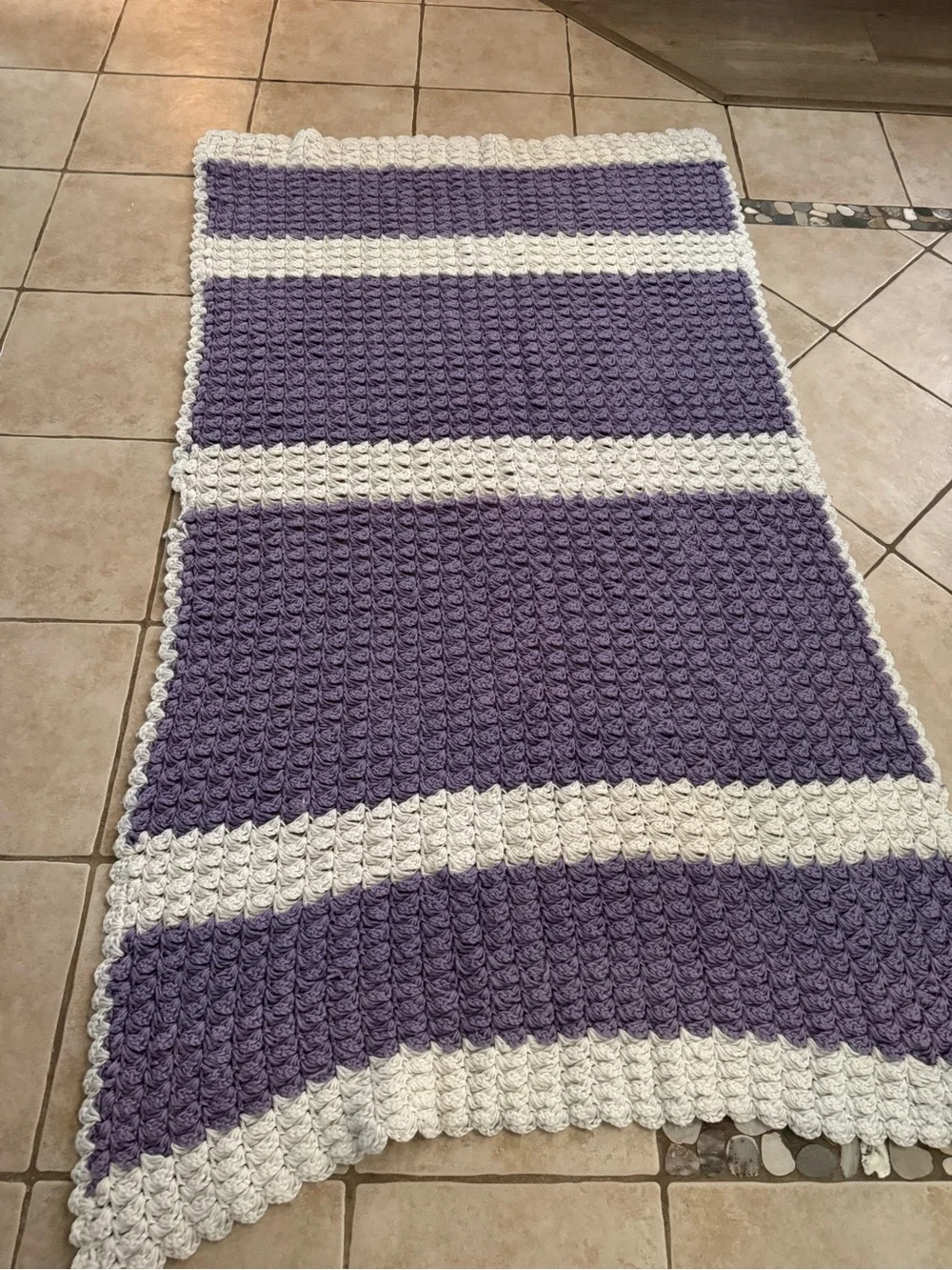 Handmade Crochet Afghan Throw Blanket Lavender Purple & Cream Chunky Textured Sc